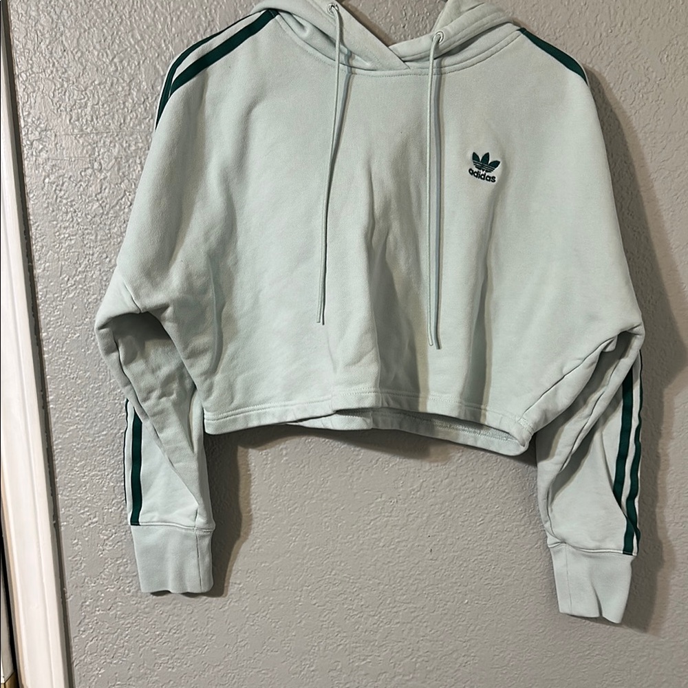 EUC Adidas Mint Green Cropped Hoodie with Dark Green Stripesf